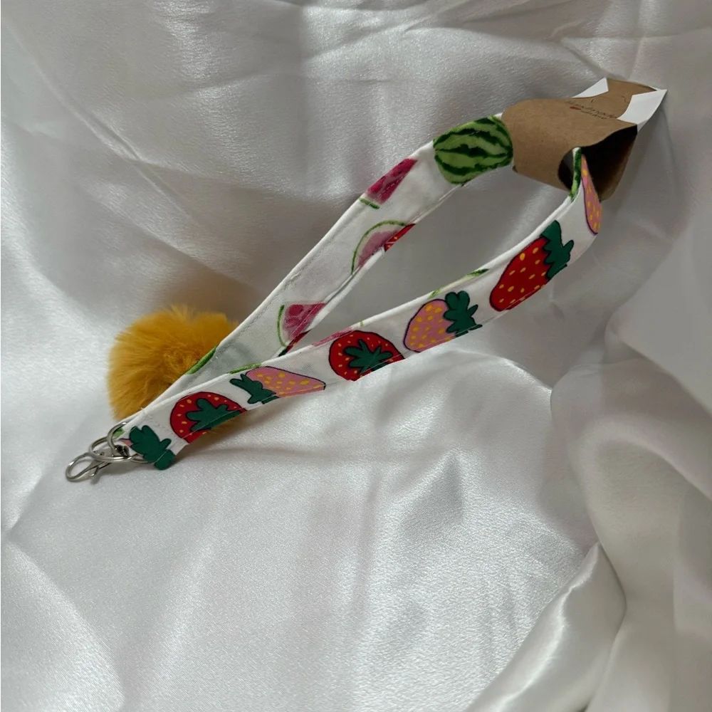 Handmade Strawberry and Watermelon Print Wristlet Keychain with Yellow Pompom